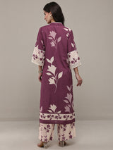 Libas Mauve Floral Printed Cotton Blend Straight Kurta Set