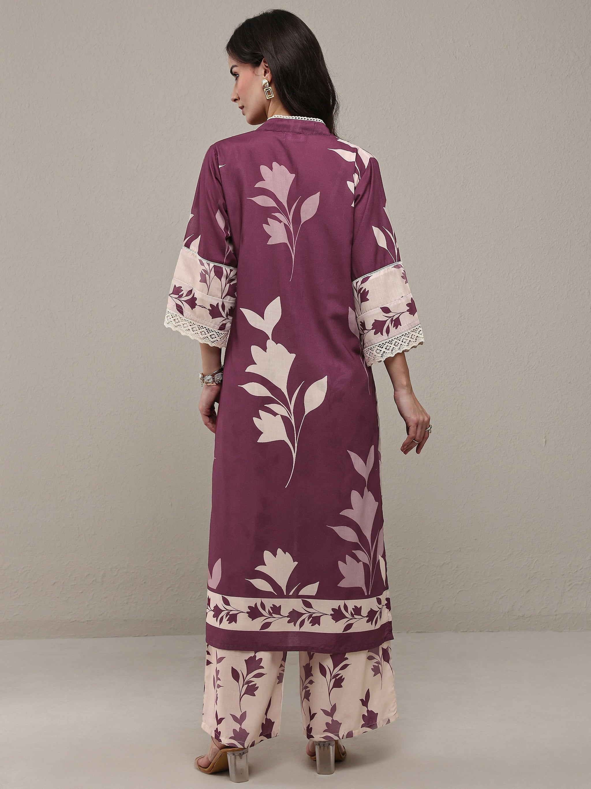 Libas Mauve Floral Printed Cotton Blend Straight Kurta Set