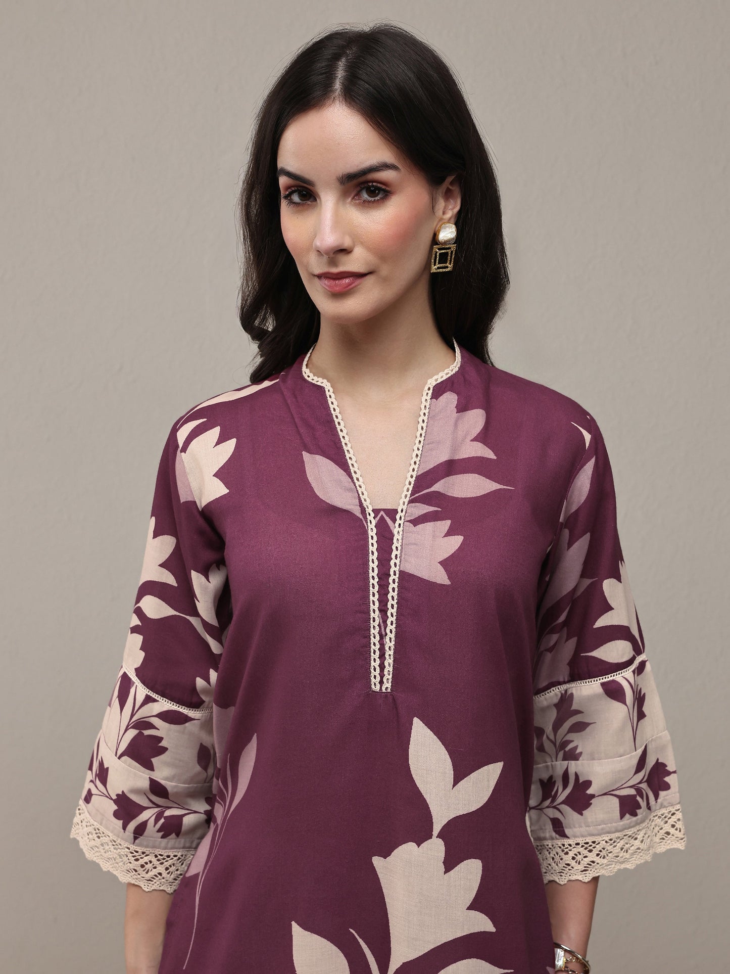 Libas Mauve Floral Printed Cotton Blend Straight Kurta Set