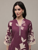 Libas Mauve Floral Printed Cotton Blend Straight Kurta Set