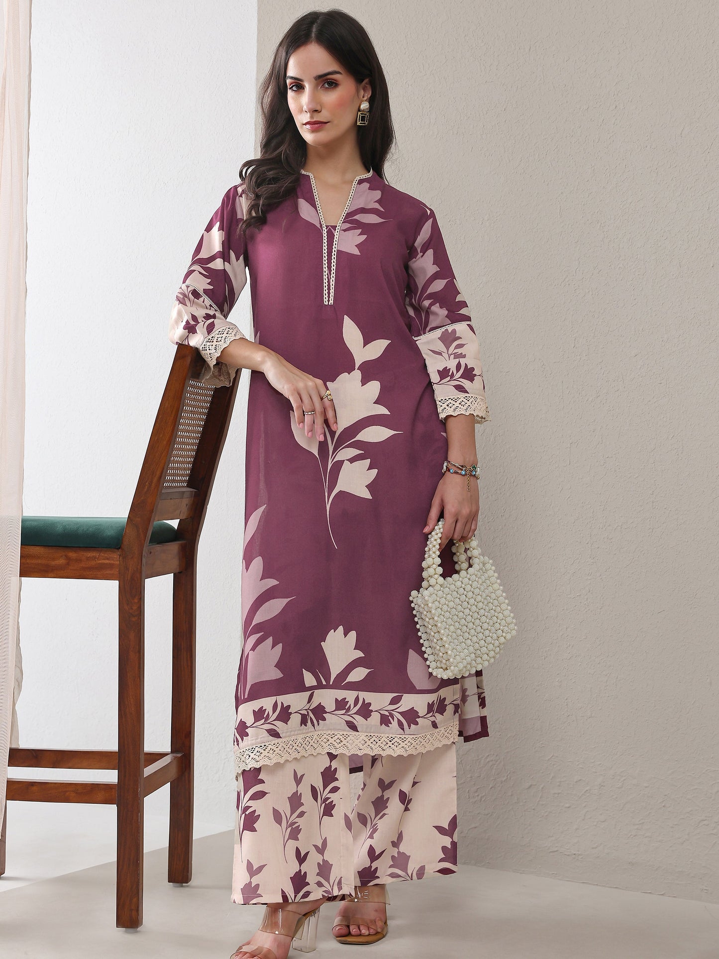 Libas Mauve Floral Printed Cotton Blend Straight Kurta Set