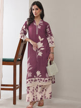 Libas Mauve Floral Printed Cotton Blend Straight Kurta Set