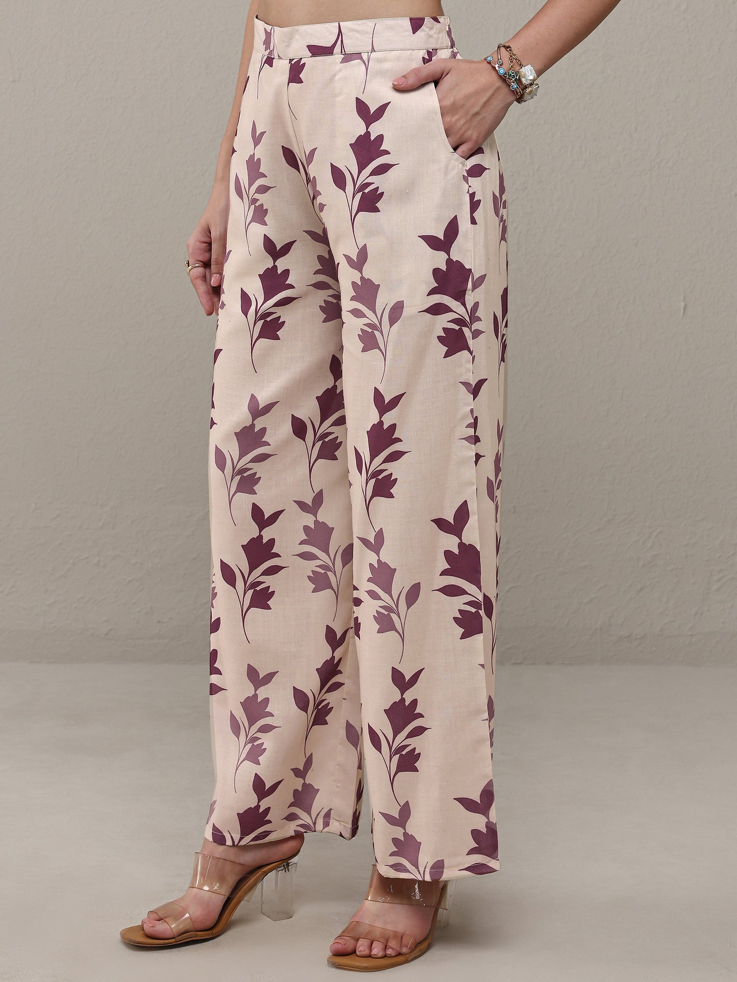 Libas Mauve Floral Printed Cotton Blend Straight Kurta Set
