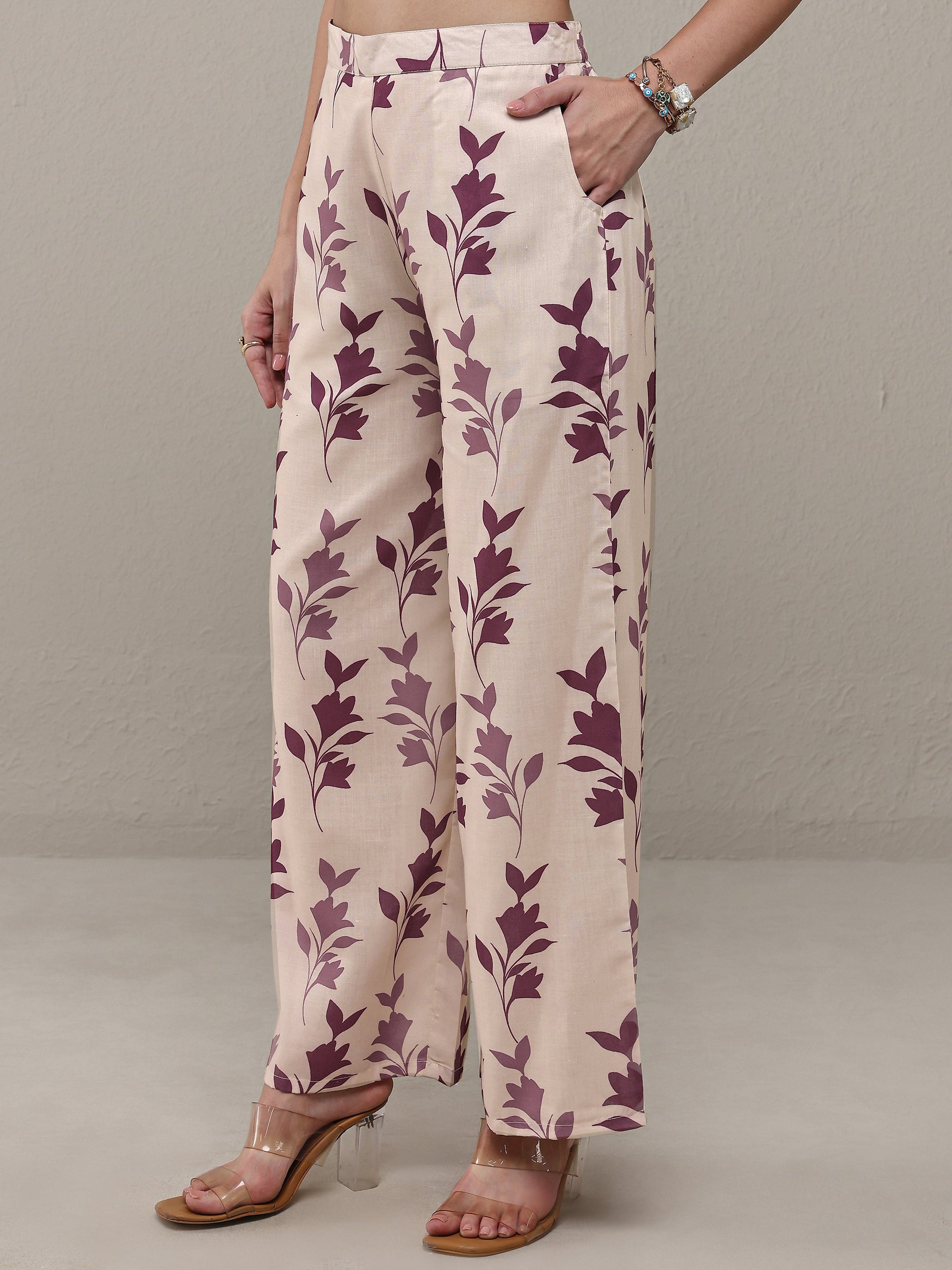 Libas Mauve Floral Printed Cotton Blend Straight Kurta Set