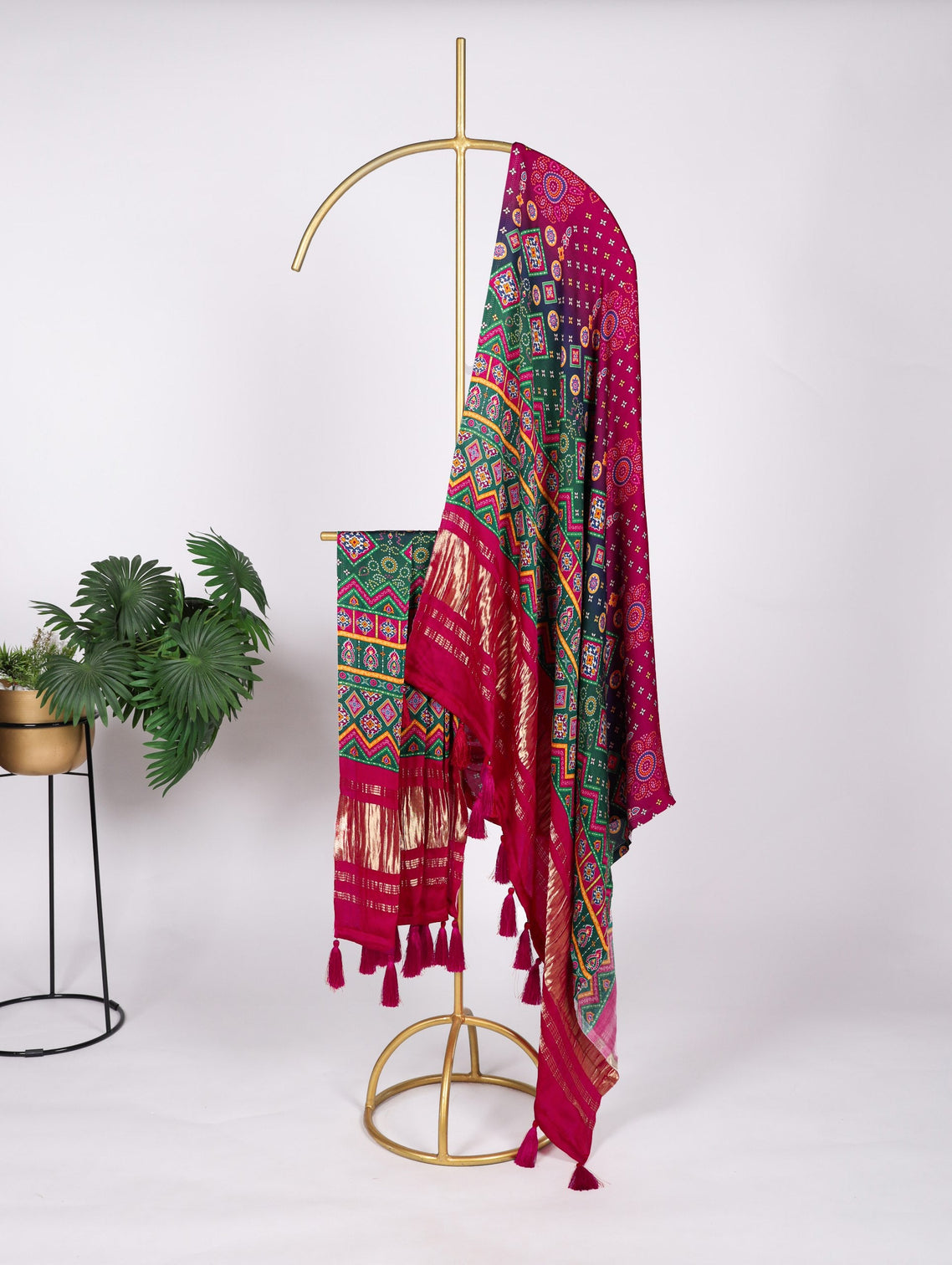 Rani Pink Gaji Silk Dupatta with Digital Prints & Lagadi Patta