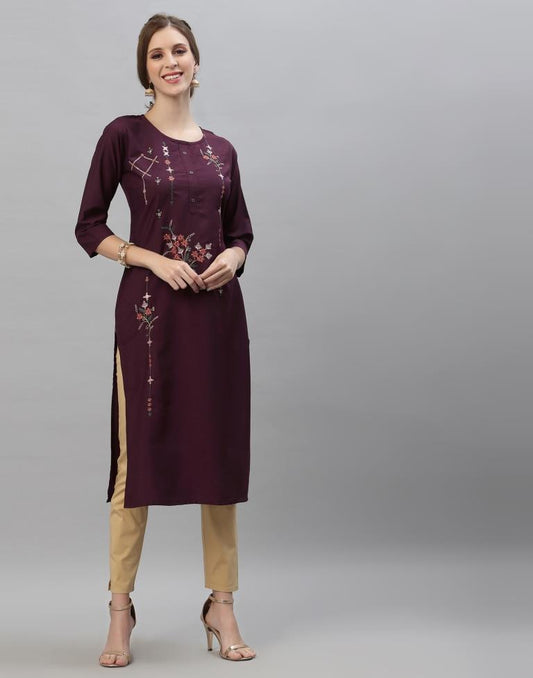 Wine Embroidered Kurti