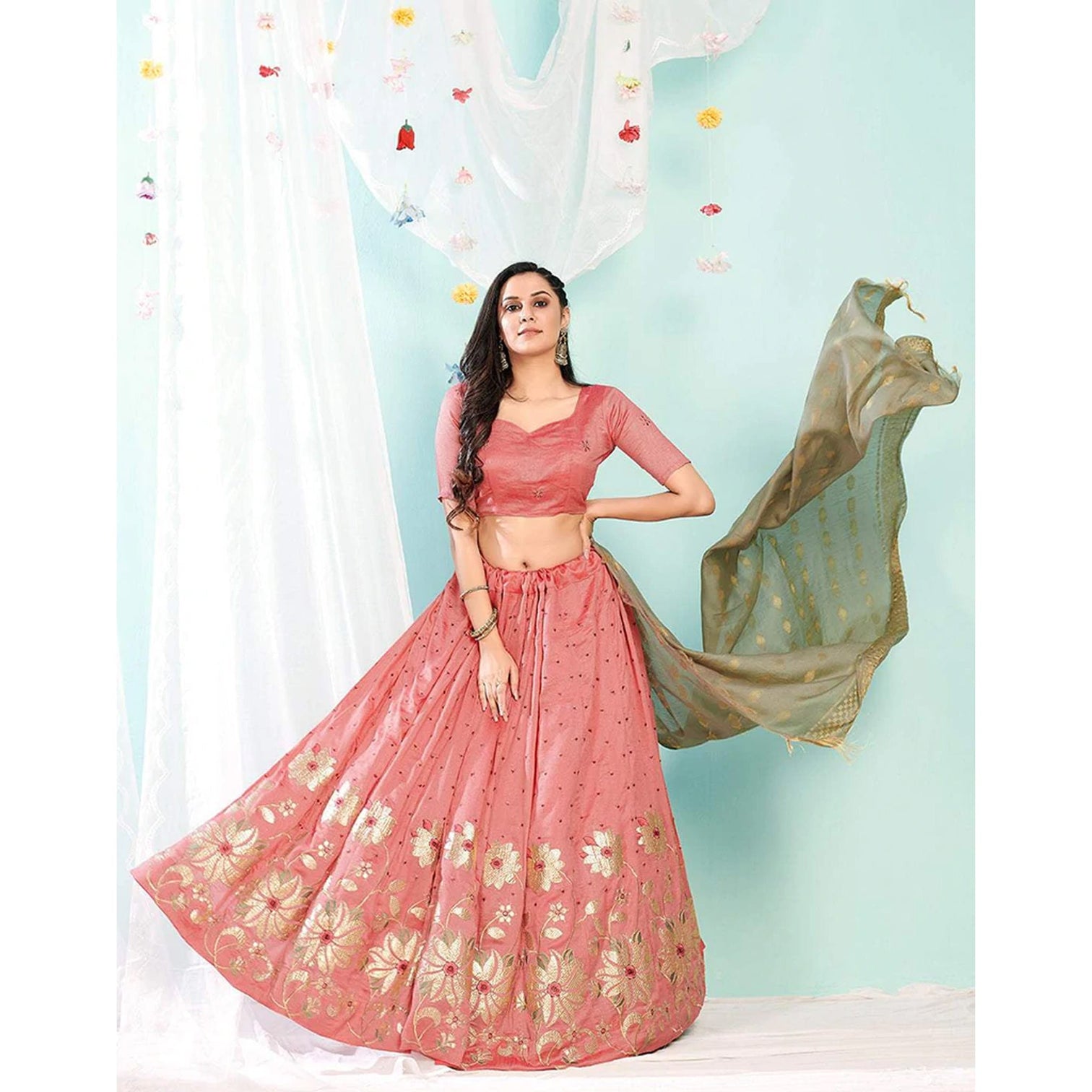 Pink Daisy Gota Patti and Zari Stich Without can can work Lehenga choli