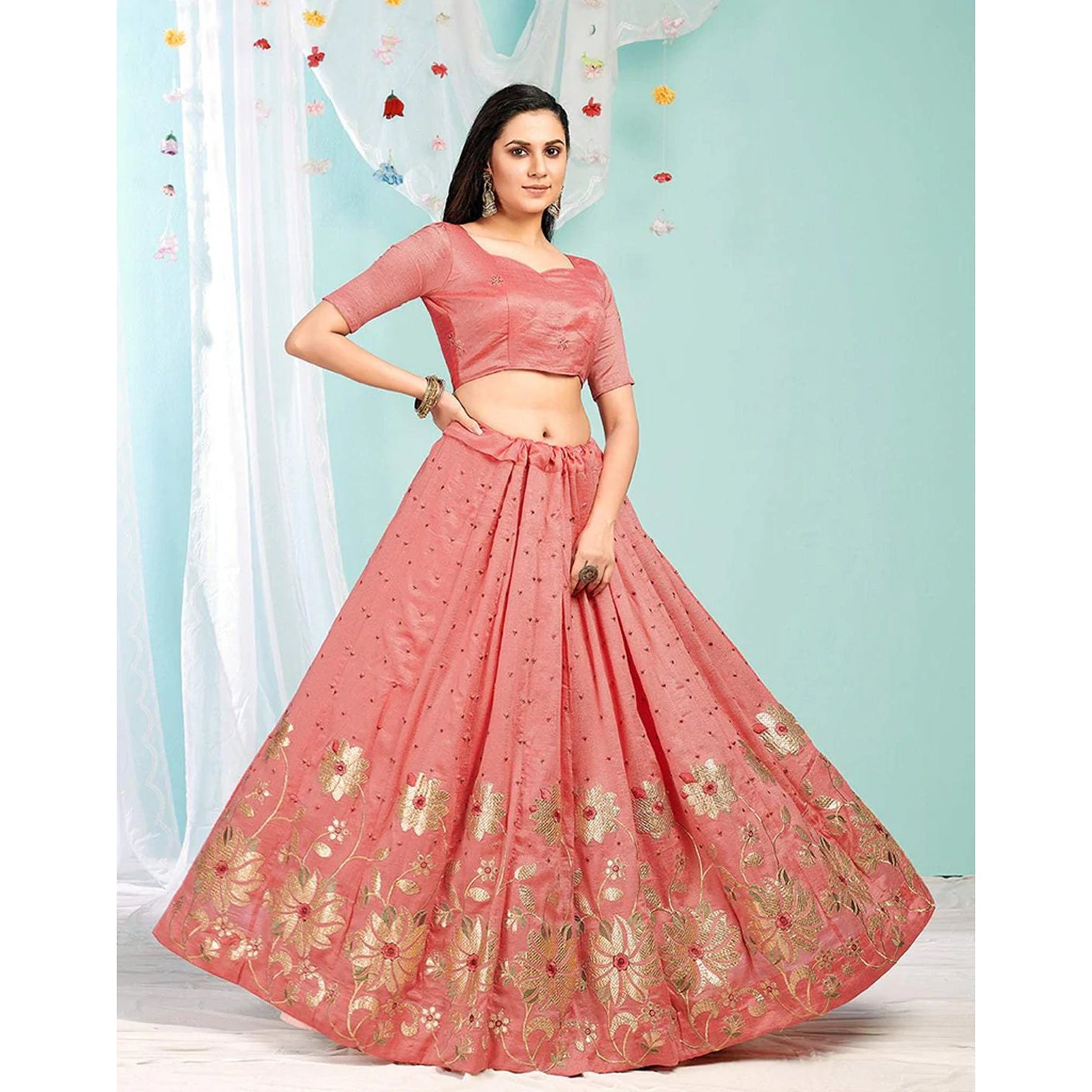 Pink Daisy Gota Patti and Zari Stich Without can can work Lehenga choli