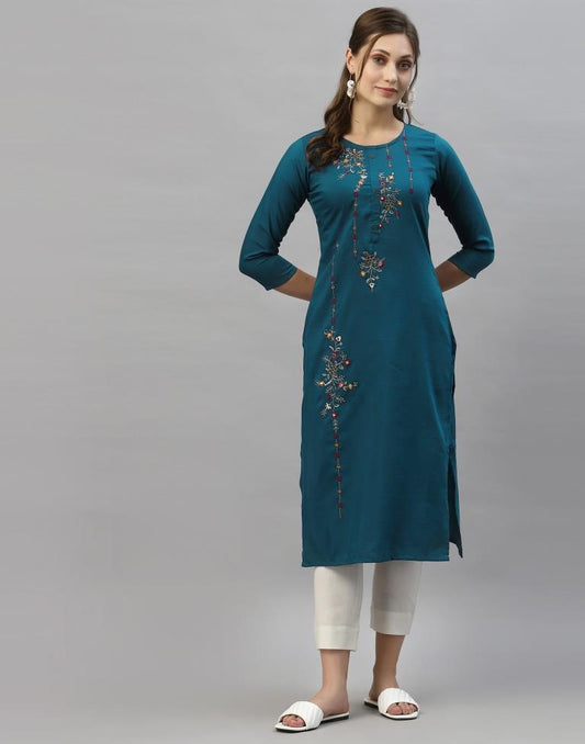 Teal Blue Embroidered Kurti