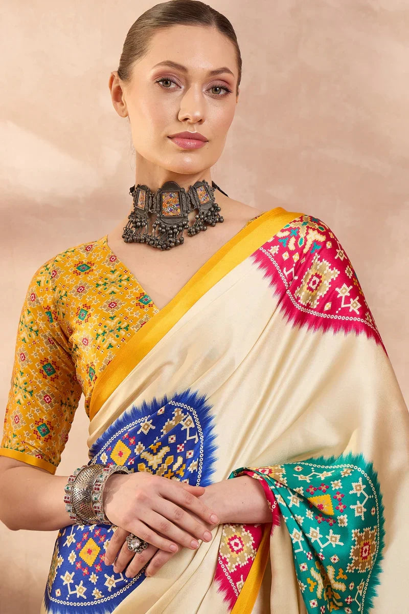 Ivory cream modal silk saree with patola inspired multicolor print mustard designer pallu festive traditional wear saree