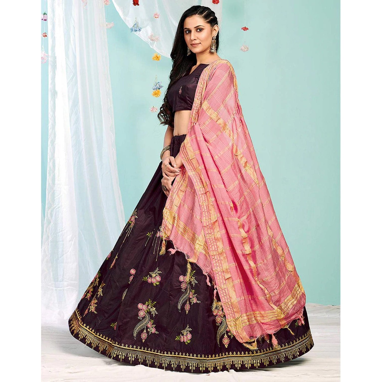 Purple Brown Gota Patti and Zari Stich Without can can work Lehenga choli