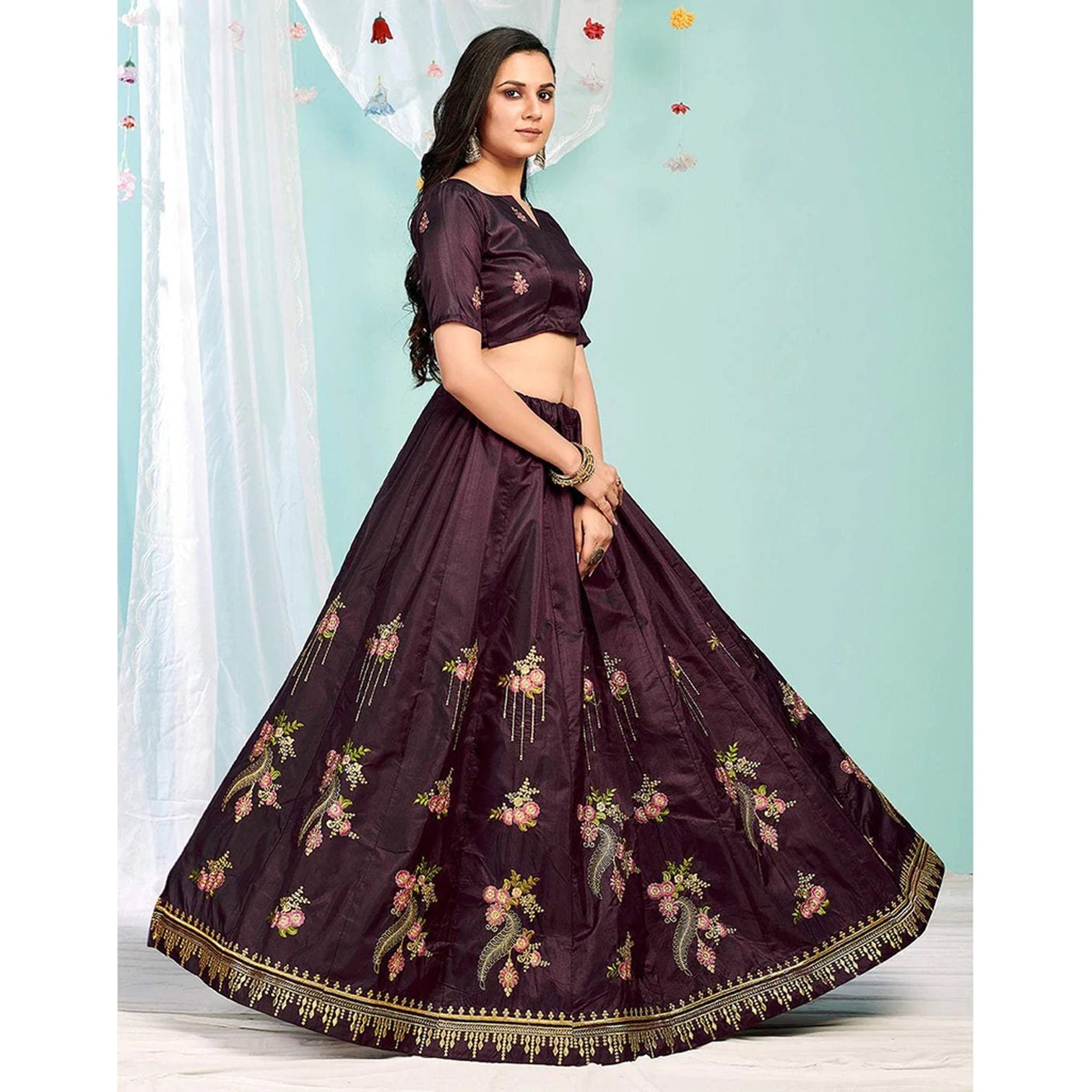 Purple Brown Gota Patti and Zari Stich Without can can work Lehenga choli