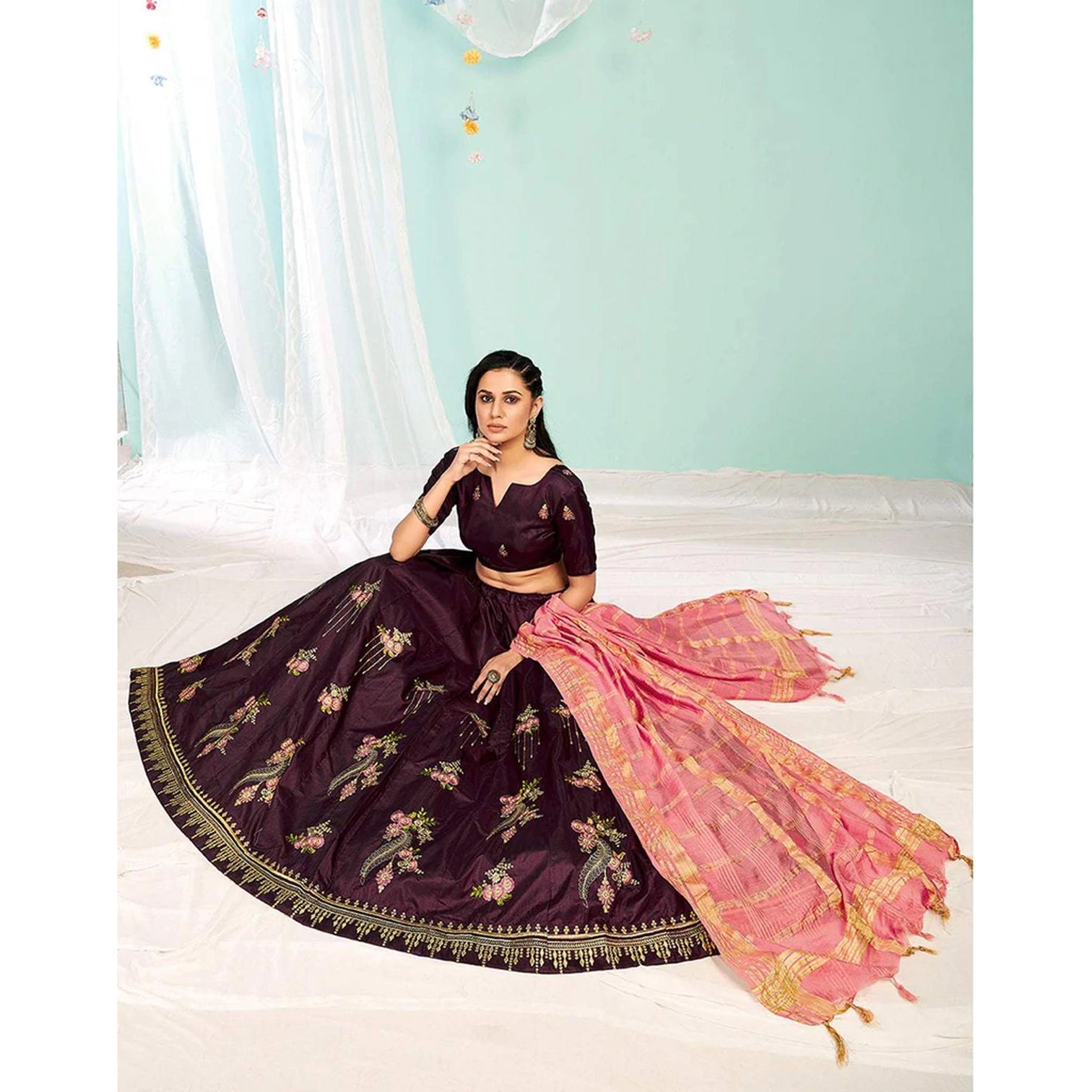 Purple Brown Gota Patti and Zari Stich Without can can work Lehenga choli