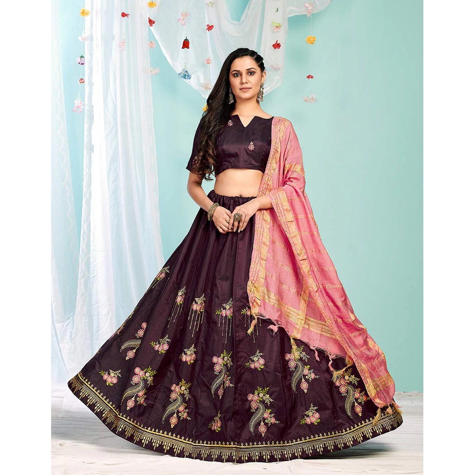 Purple Brown Gota Patti and Zari Stich Without can can work Lehenga choli
