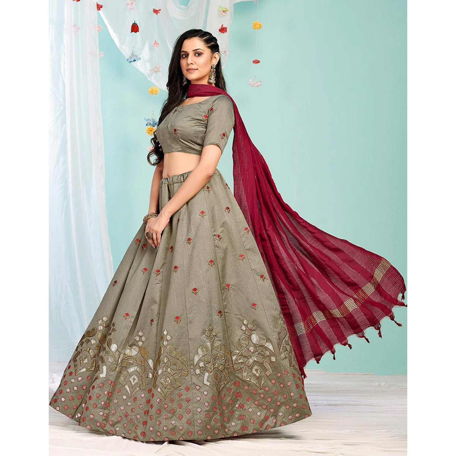 Brown Grey Gota Patti and Zari Stich Without can can work Lehenga choli
