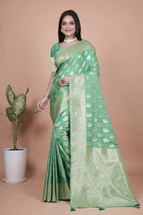 Elegant Green Banarasi Silk Saree with Golden Zari Work & Tassel Border