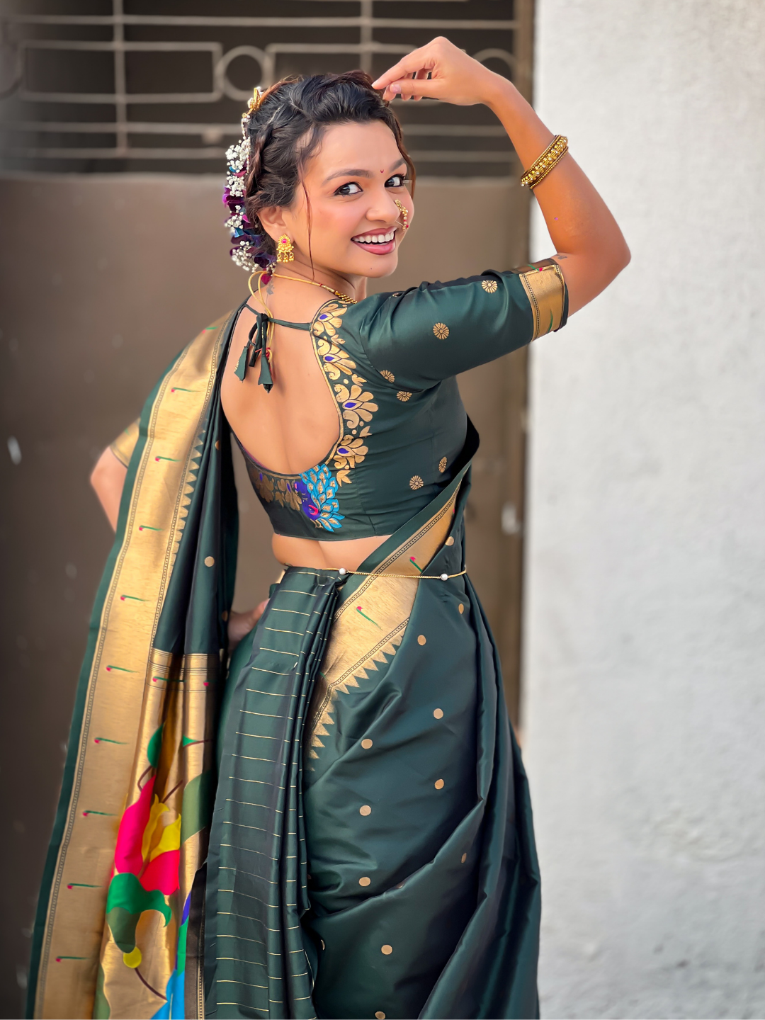 Bottle Green Wedding Special Nauvari Paithani Soft Silk Saree with Zari Woven Polka Motifs and Peacock Pallu