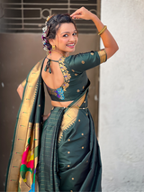 Bottle Green Wedding Special Nauvari Paithani Soft Silk Saree with Zari Woven Polka Motifs and Peacock Pallu