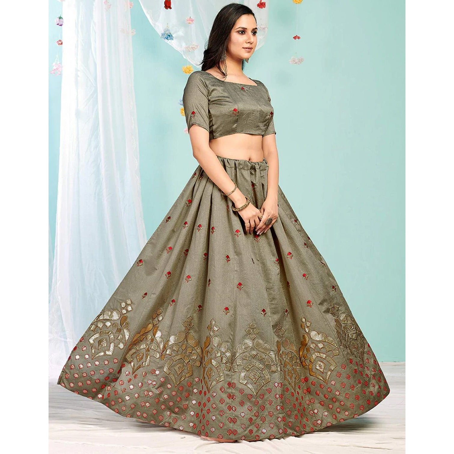 Brown Grey Gota Patti and Zari Stich Without can can work Lehenga choli