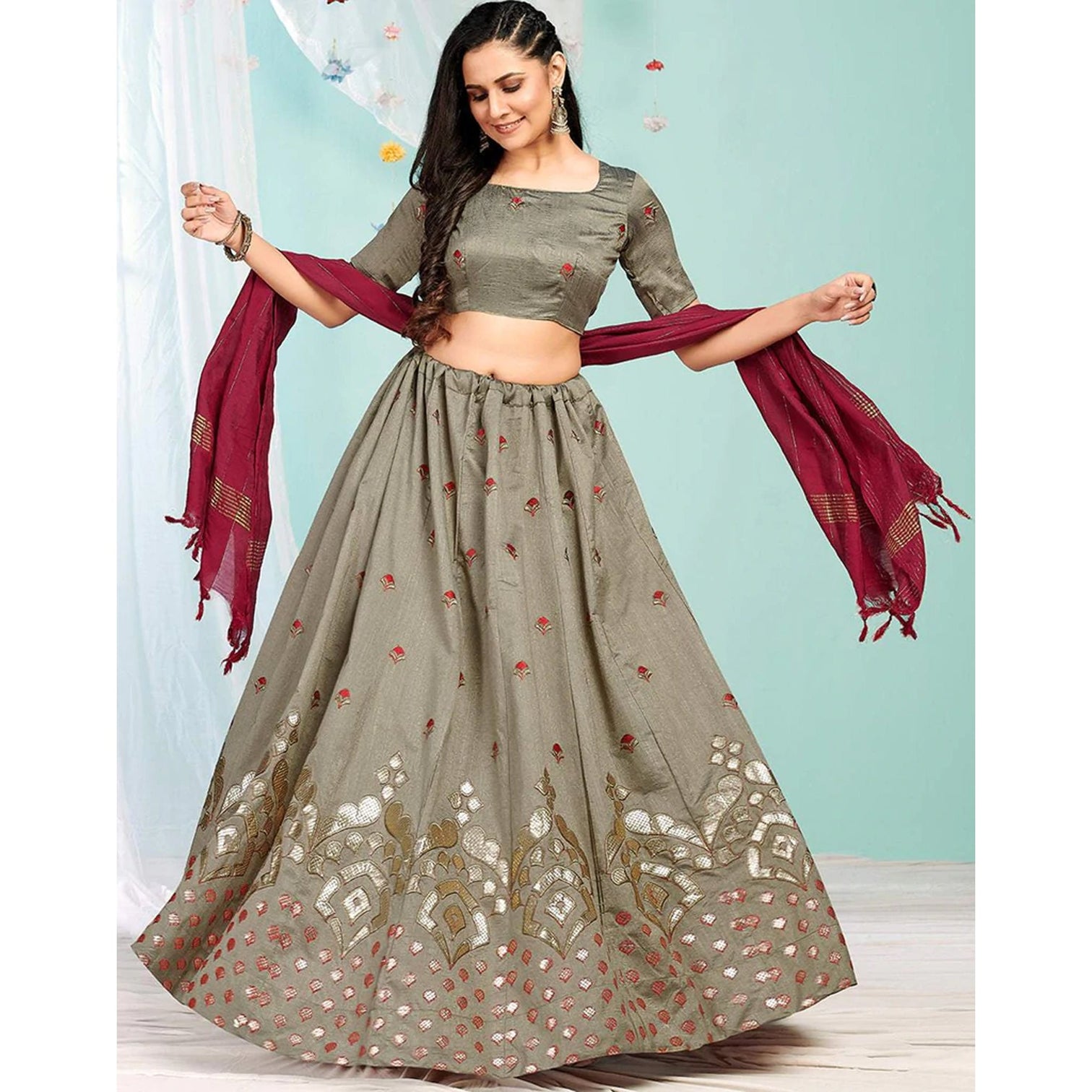 Brown Grey Gota Patti and Zari Stich Without can can work Lehenga choli