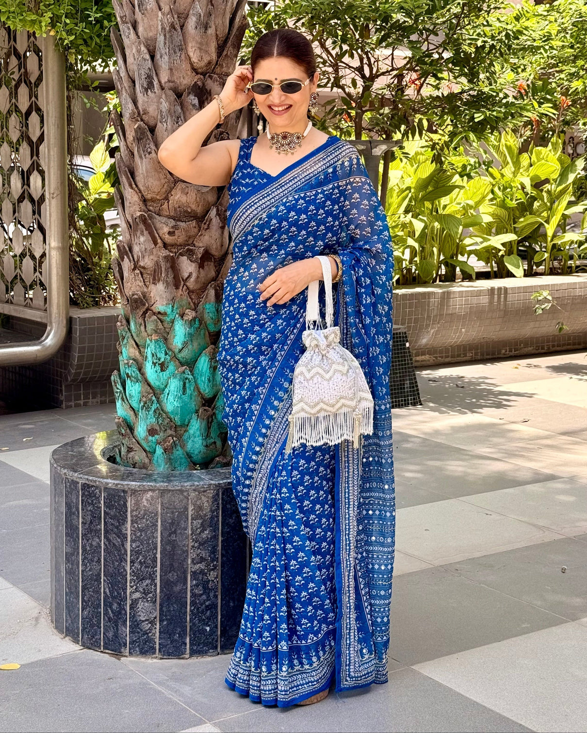 Steel blue modal silk saree with delicate floral butti prints traditional heritage border elegant designer pallu mameraa
