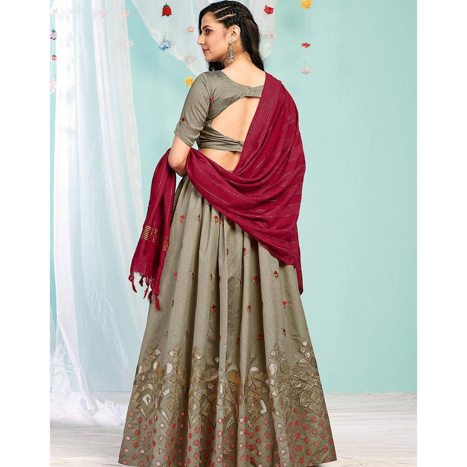 Brown Grey Gota Patti and Zari Stich Without can can work Lehenga choli