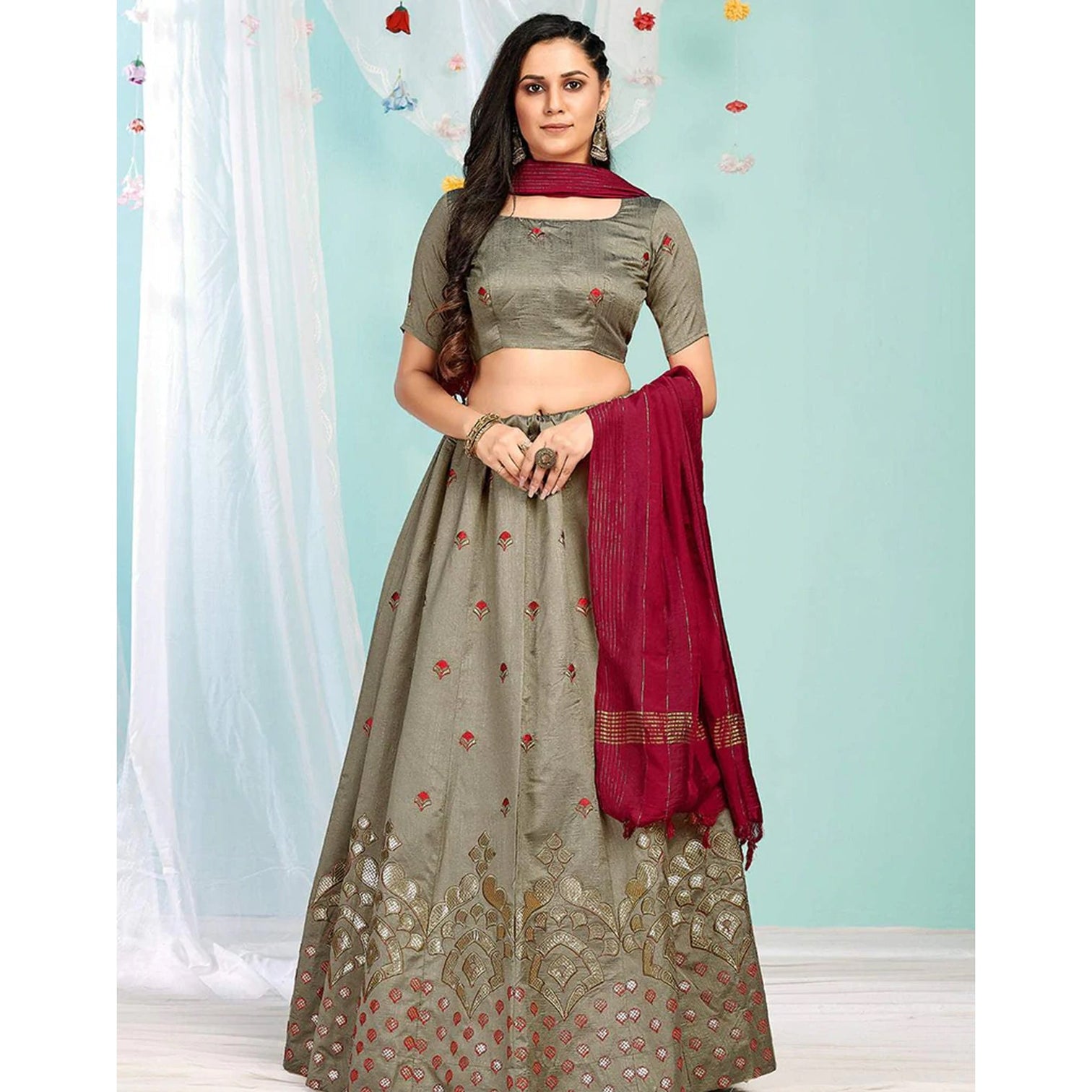 Brown Grey Gota Patti and Zari Stich Without can can work Lehenga choli