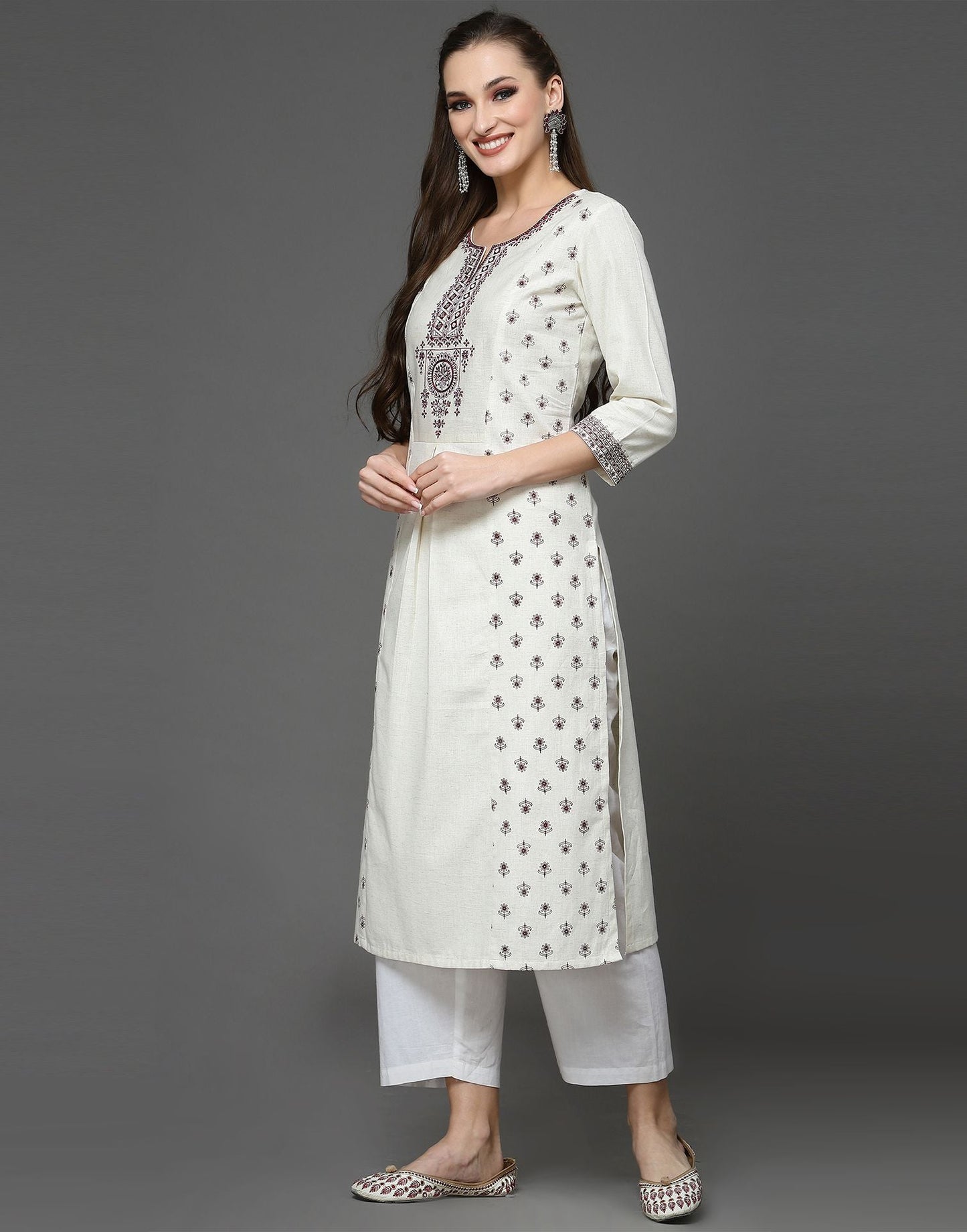 Off White Plain Cotton A-Line Kurta