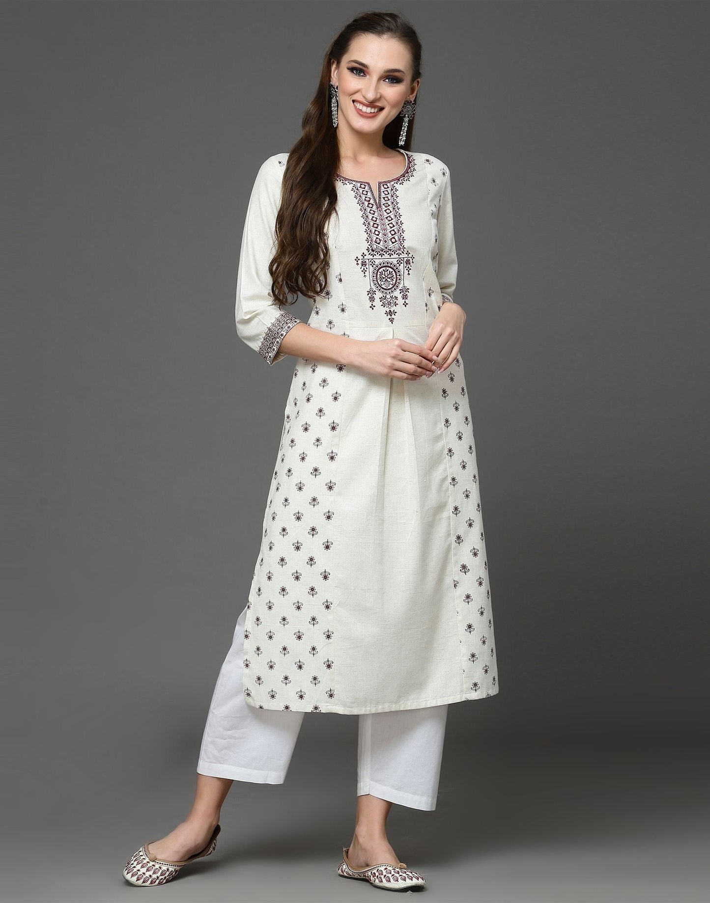 Off White Plain Cotton A-Line Kurta