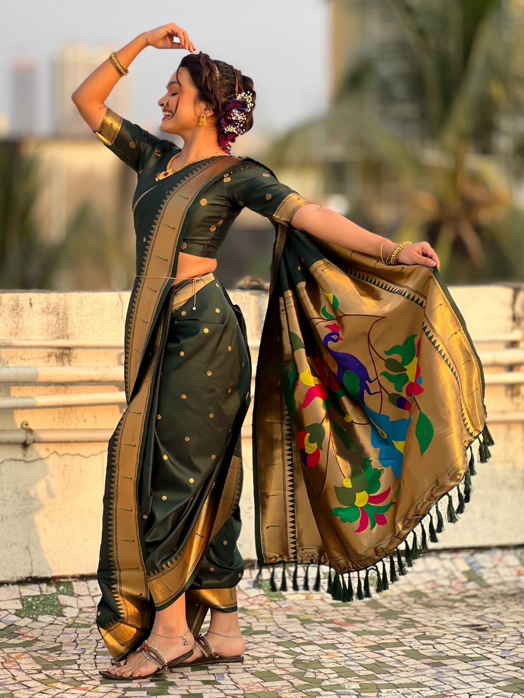 Bottle Green Wedding Special Nauvari Paithani Soft Silk Saree with Zari Woven Polka Motifs and Peacock Pallu