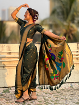 Bottle Green Wedding Special Nauvari Paithani Soft Silk Saree with Zari Woven Polka Motifs and Peacock Pallu