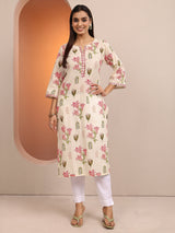 Libas Off White Printed Cotton Straight Kurta