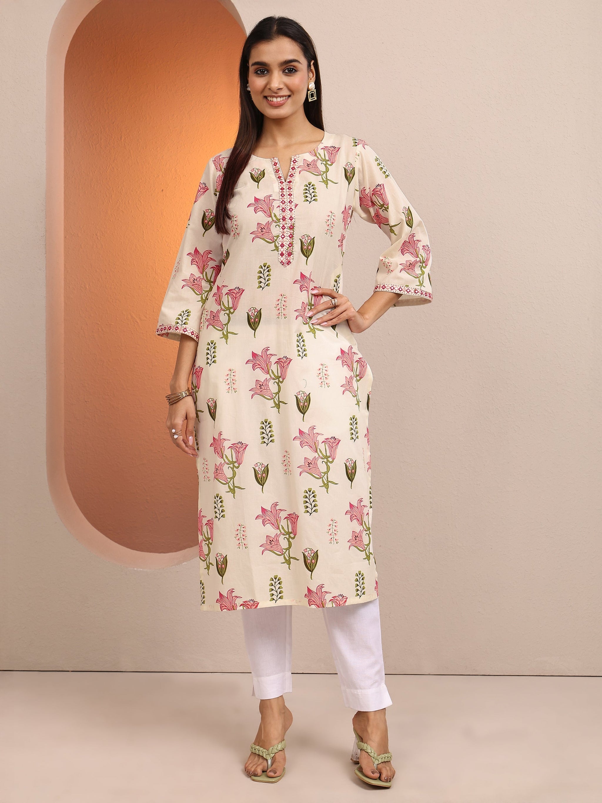 Libas Off White Printed Cotton Straight Kurta