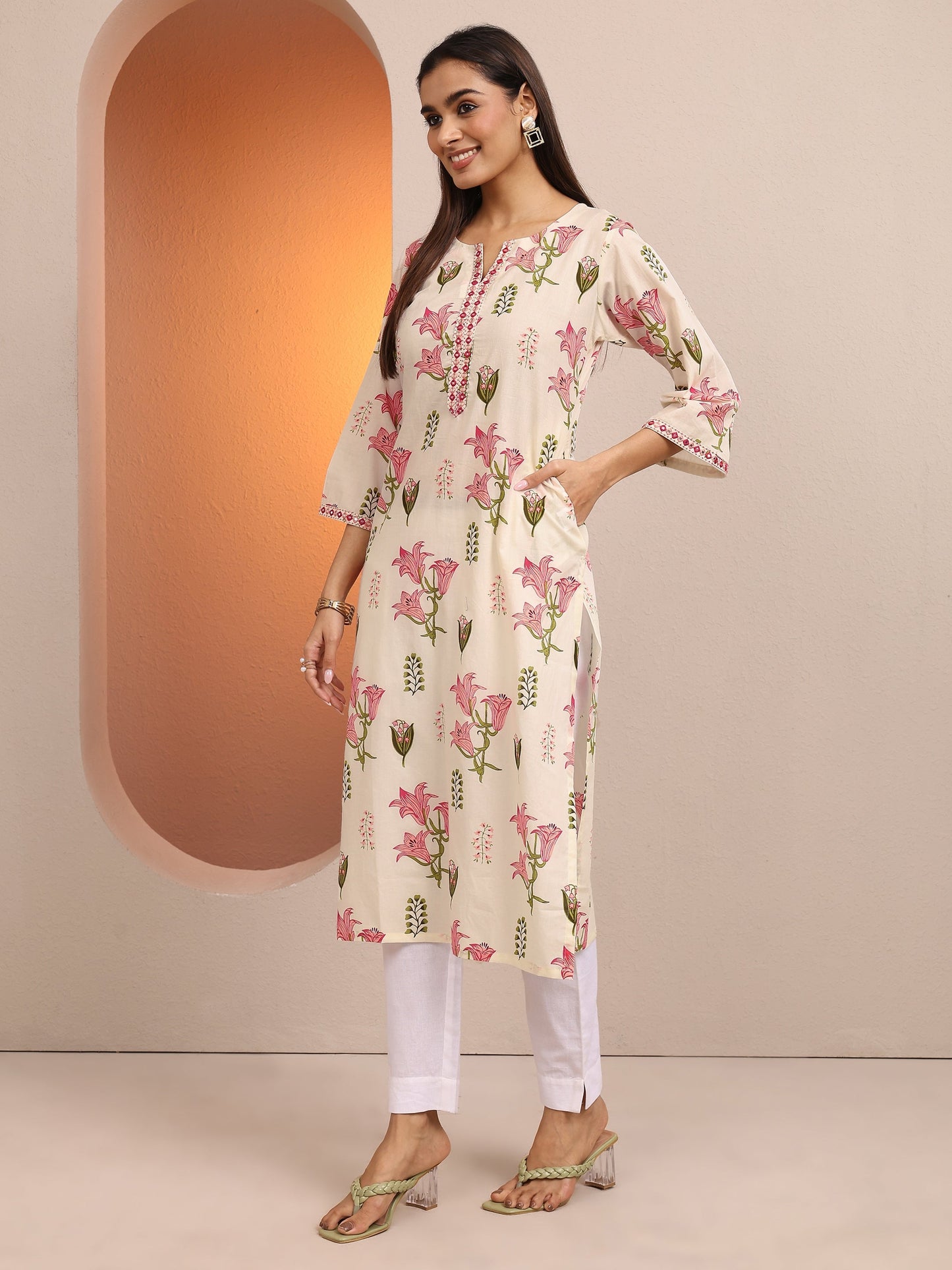 Libas Off White Printed Cotton Straight Kurta