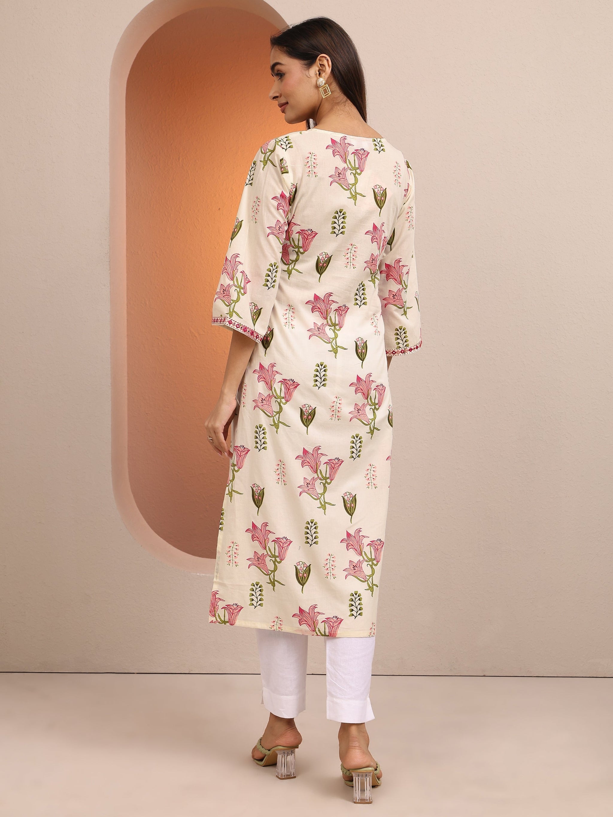 Libas Off White Printed Cotton Straight Kurta