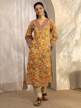 Libas Mustard Printed Cotton Straight Kurta