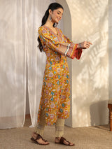 Libas Mustard Printed Cotton Straight Kurta