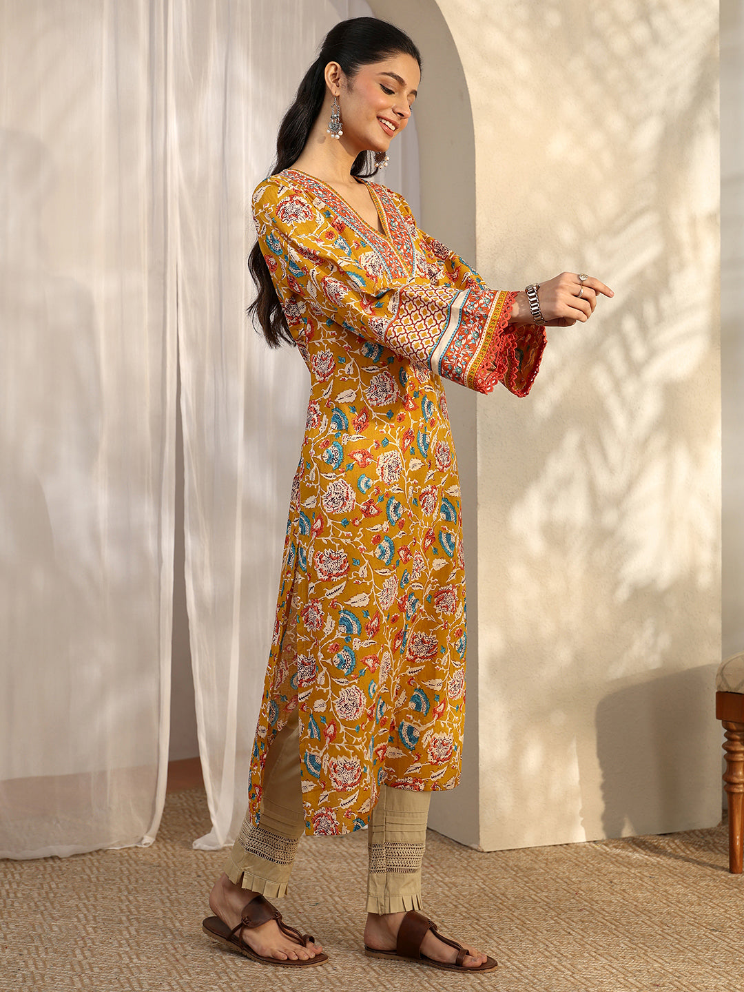 Libas Mustard Printed Cotton Straight Kurta