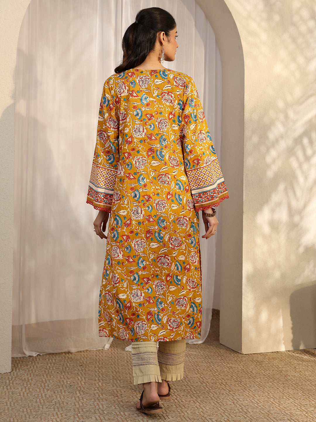 Libas Mustard Printed Cotton Straight Kurta