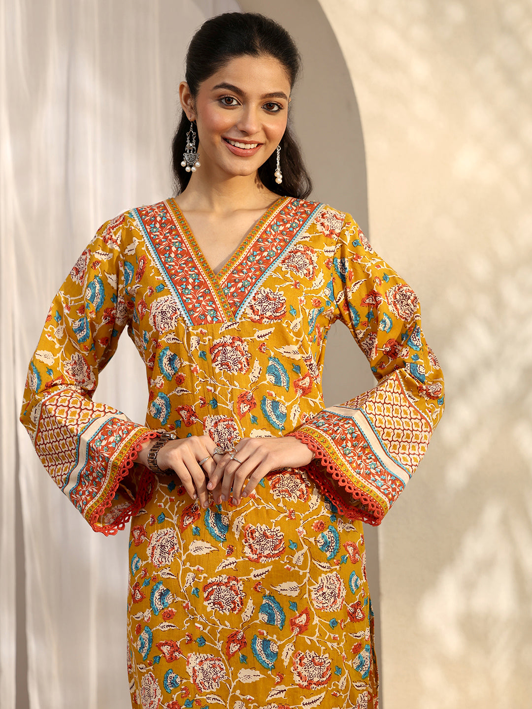 Libas Mustard Printed Cotton Straight Kurta