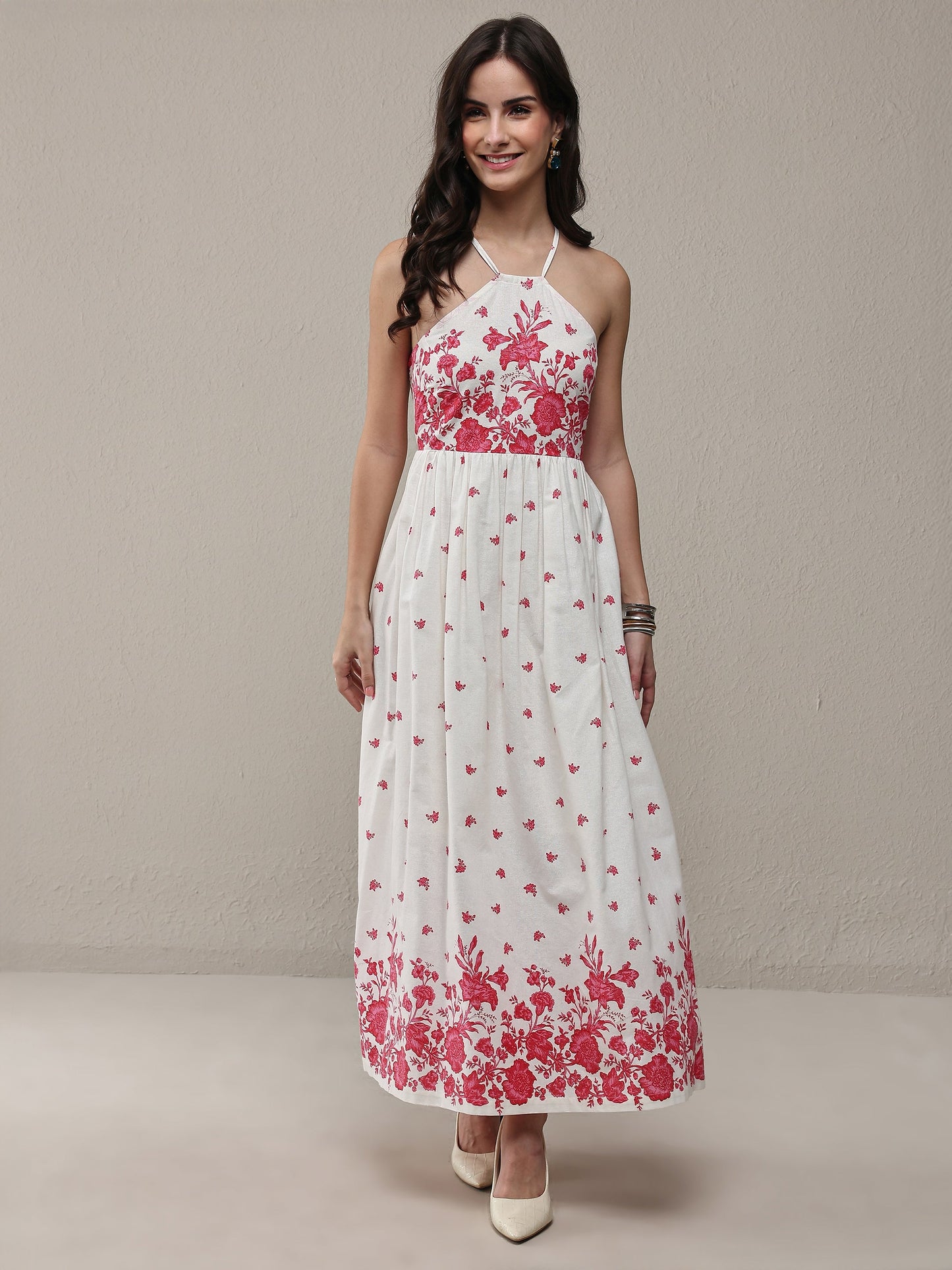 Libas White Floral Printed Cotton Fit-And-Flare One Piece Dress