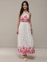 Libas White Floral Printed Cotton Fit-And-Flare One Piece Dress