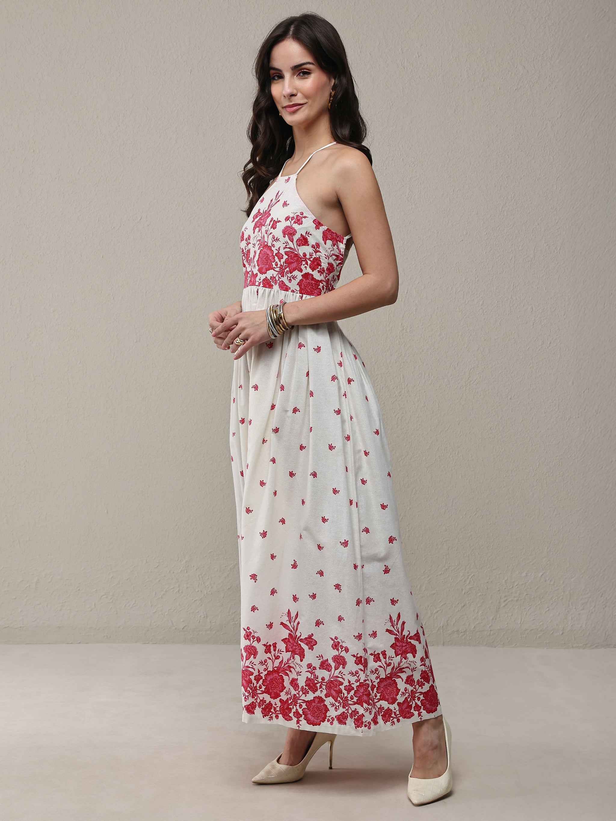 Libas White Floral Printed Cotton Fit-And-Flare One Piece Dress