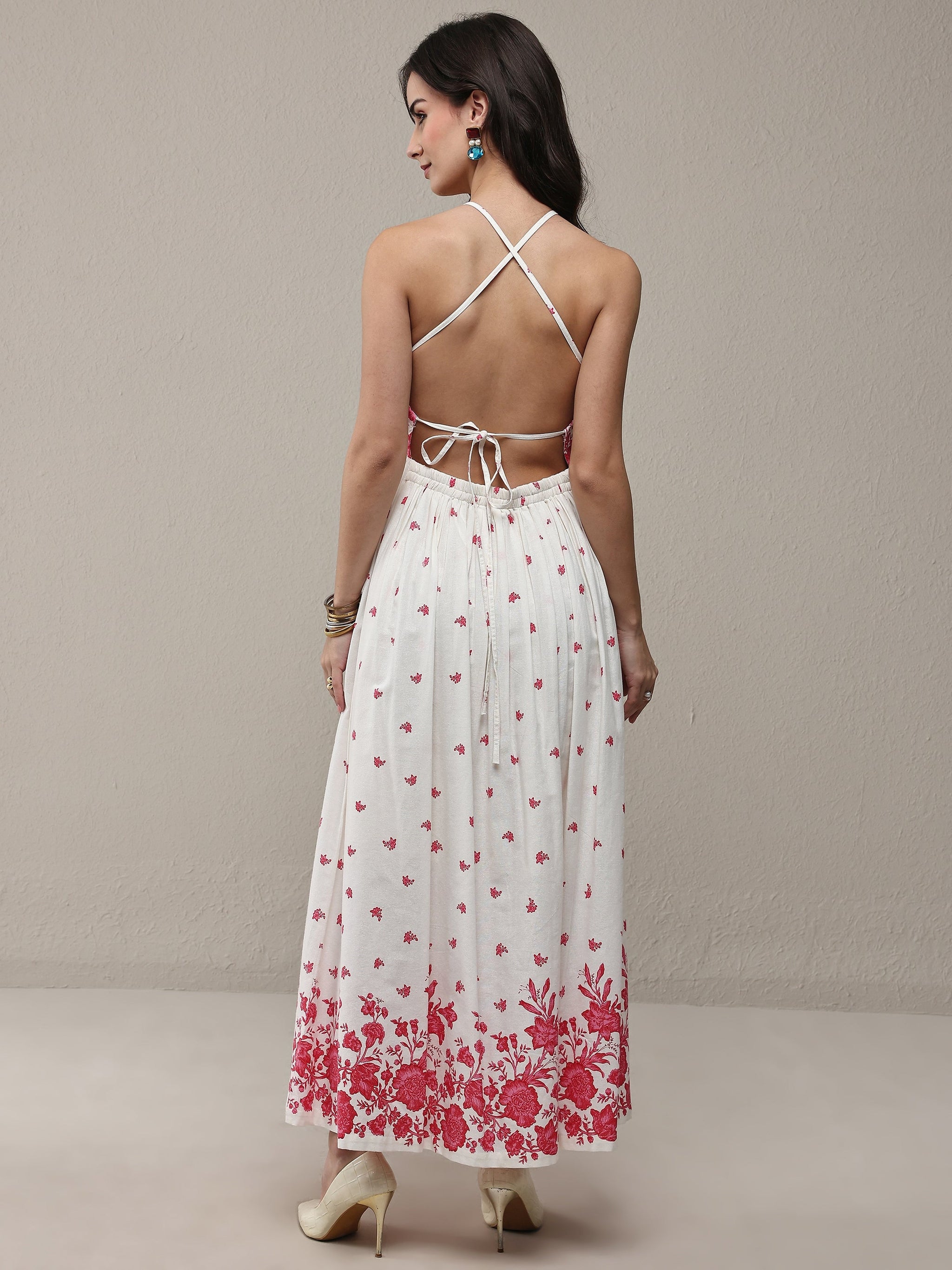 Libas White Floral Printed Cotton Fit-And-Flare One Piece Dress