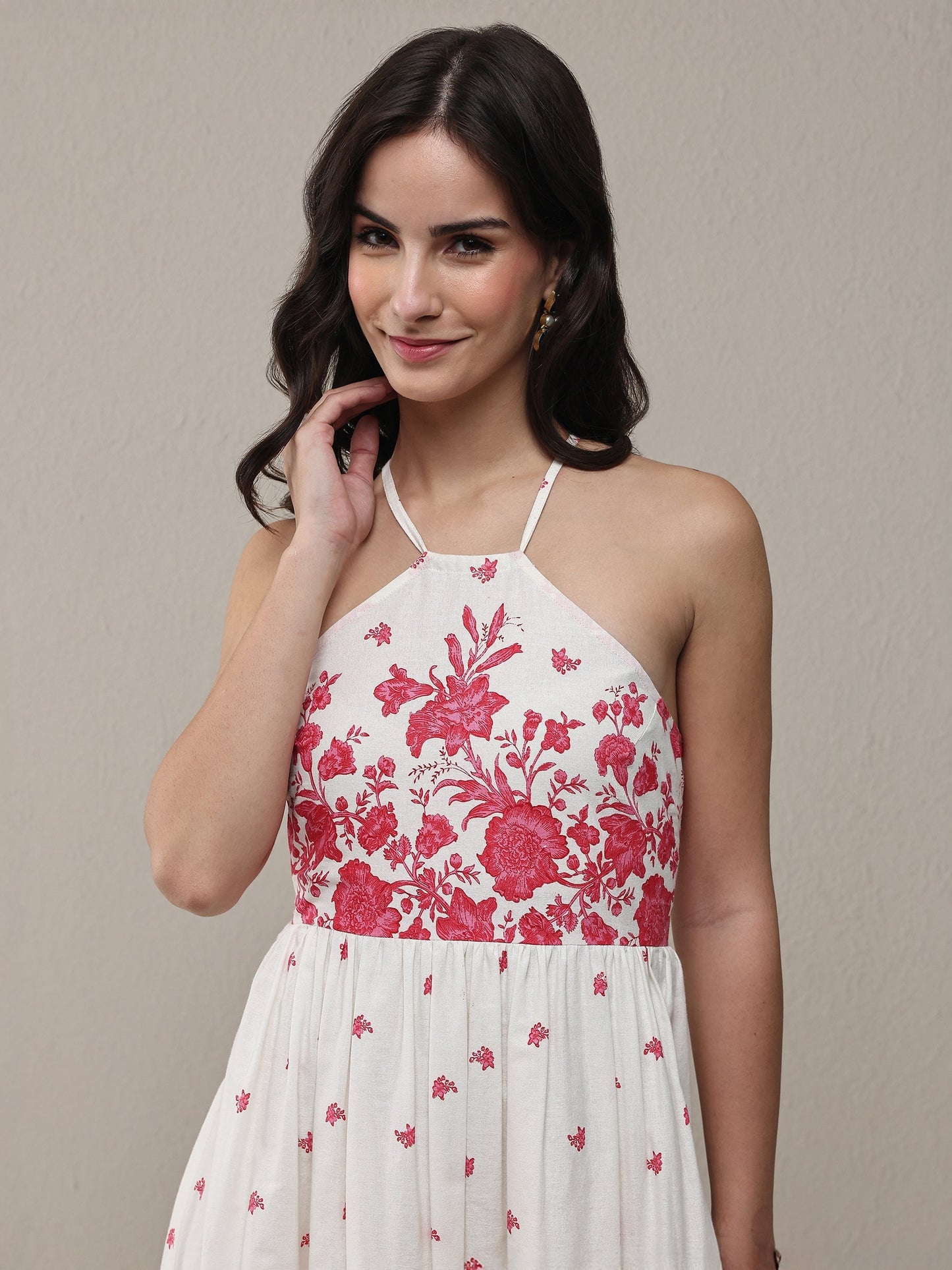 Libas White Floral Printed Cotton Fit-And-Flare One Piece Dress