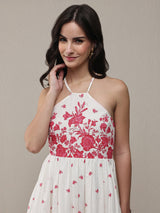 Libas White Floral Printed Cotton Fit-And-Flare One Piece Dress