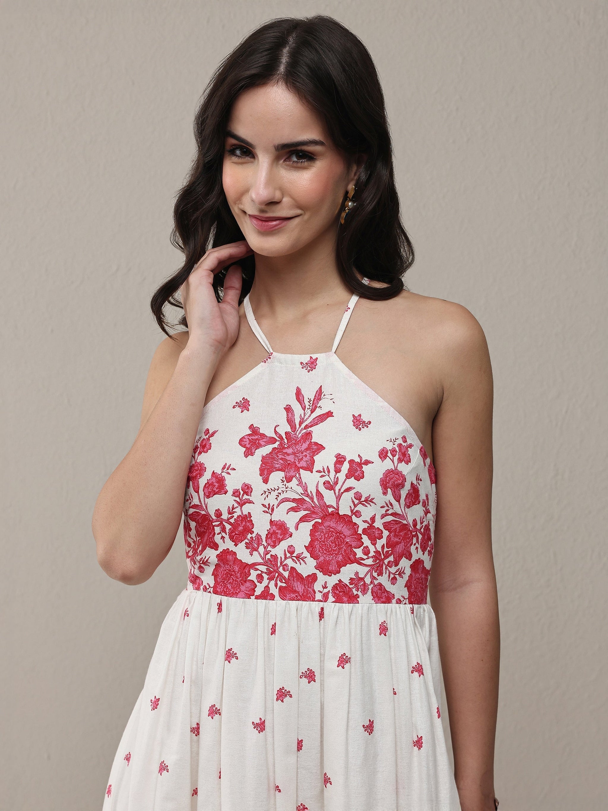 Libas White Floral Printed Cotton Fit-And-Flare One Piece Dress