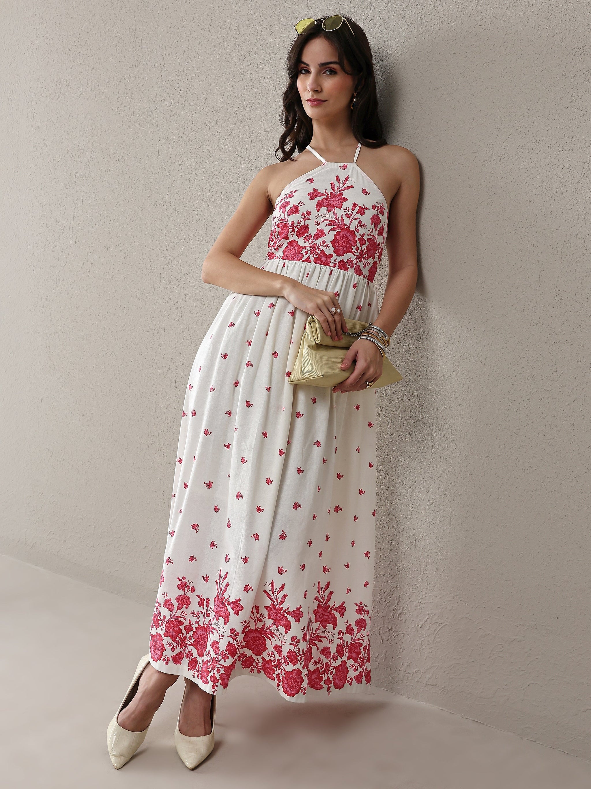 Libas White Floral Printed Cotton Fit-And-Flare One Piece Dress