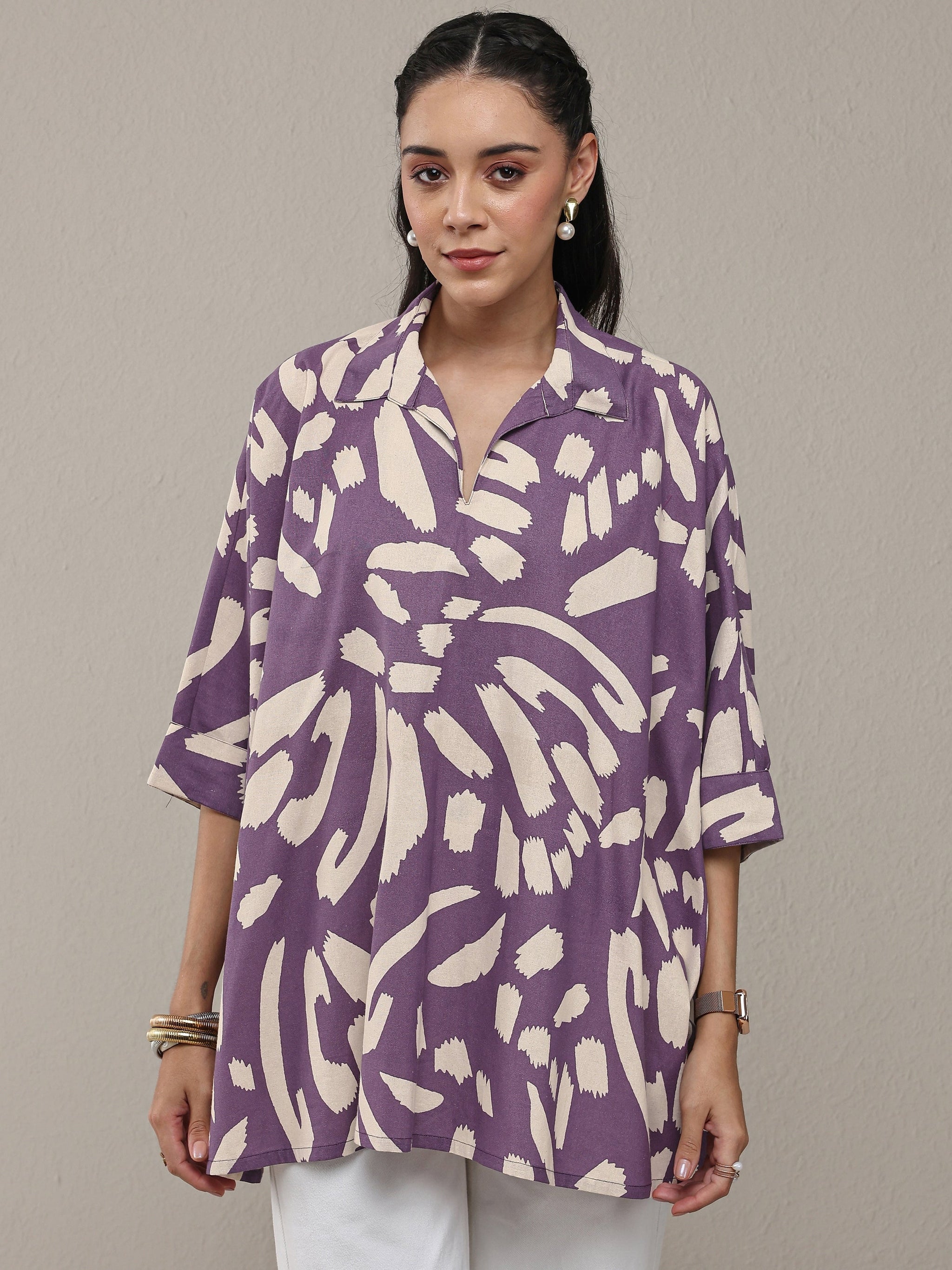 Libas Purple Abstract Printed Cotton Straight Short Kurti