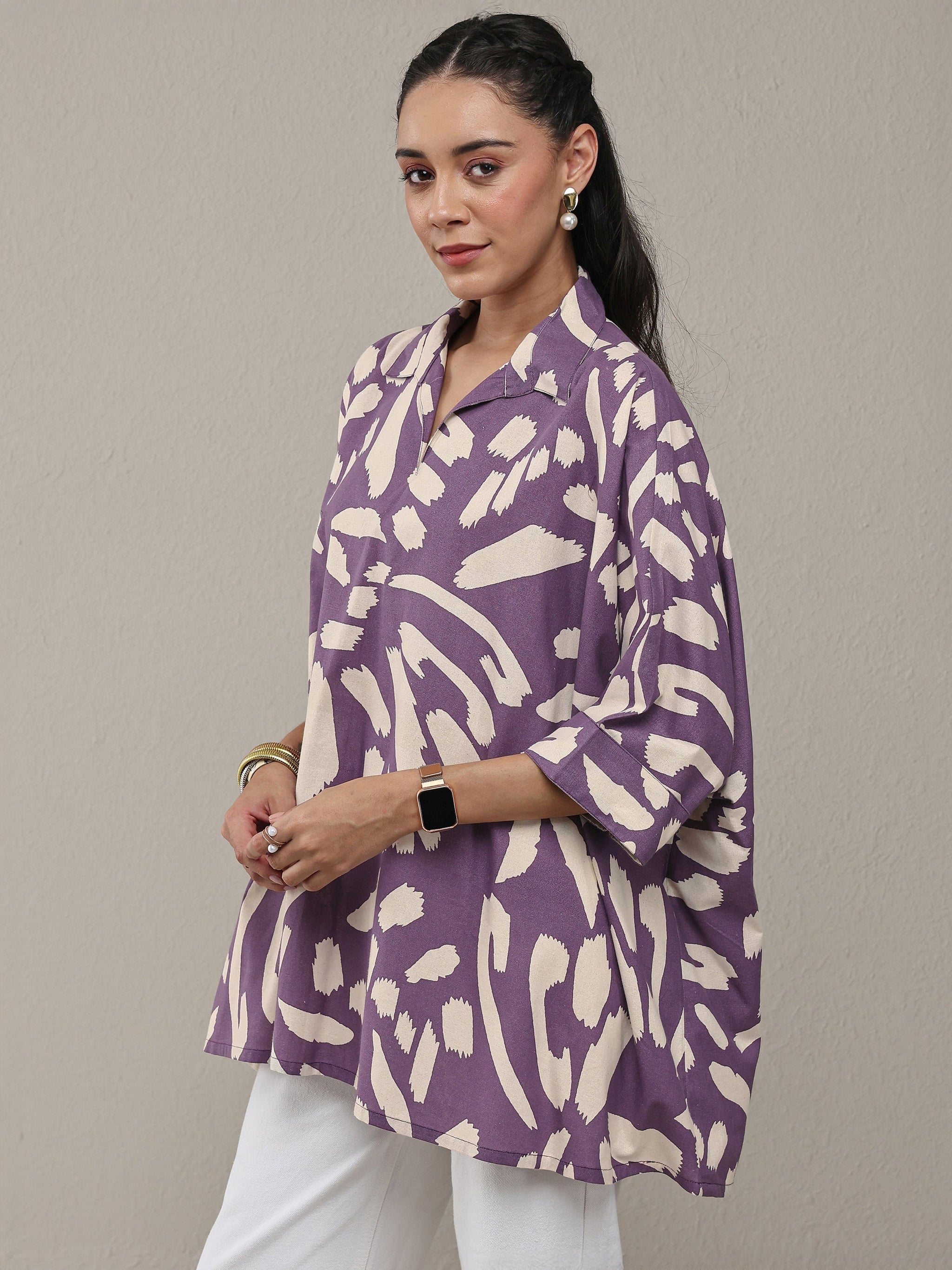 Libas Purple Abstract Printed Cotton Straight Short Kurti